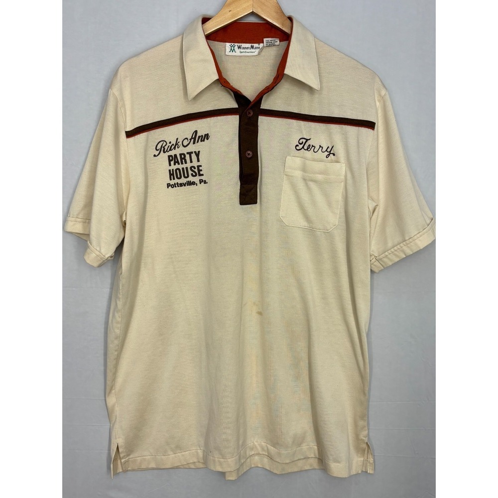 Winner Mate Bowling Polo Shirt Mens Beige Rick Ann‎ Party House Pottsville Pa XL